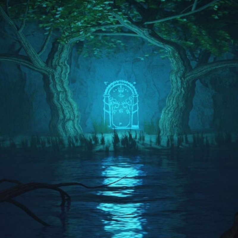 A doorway glowing on a dark lakeshore